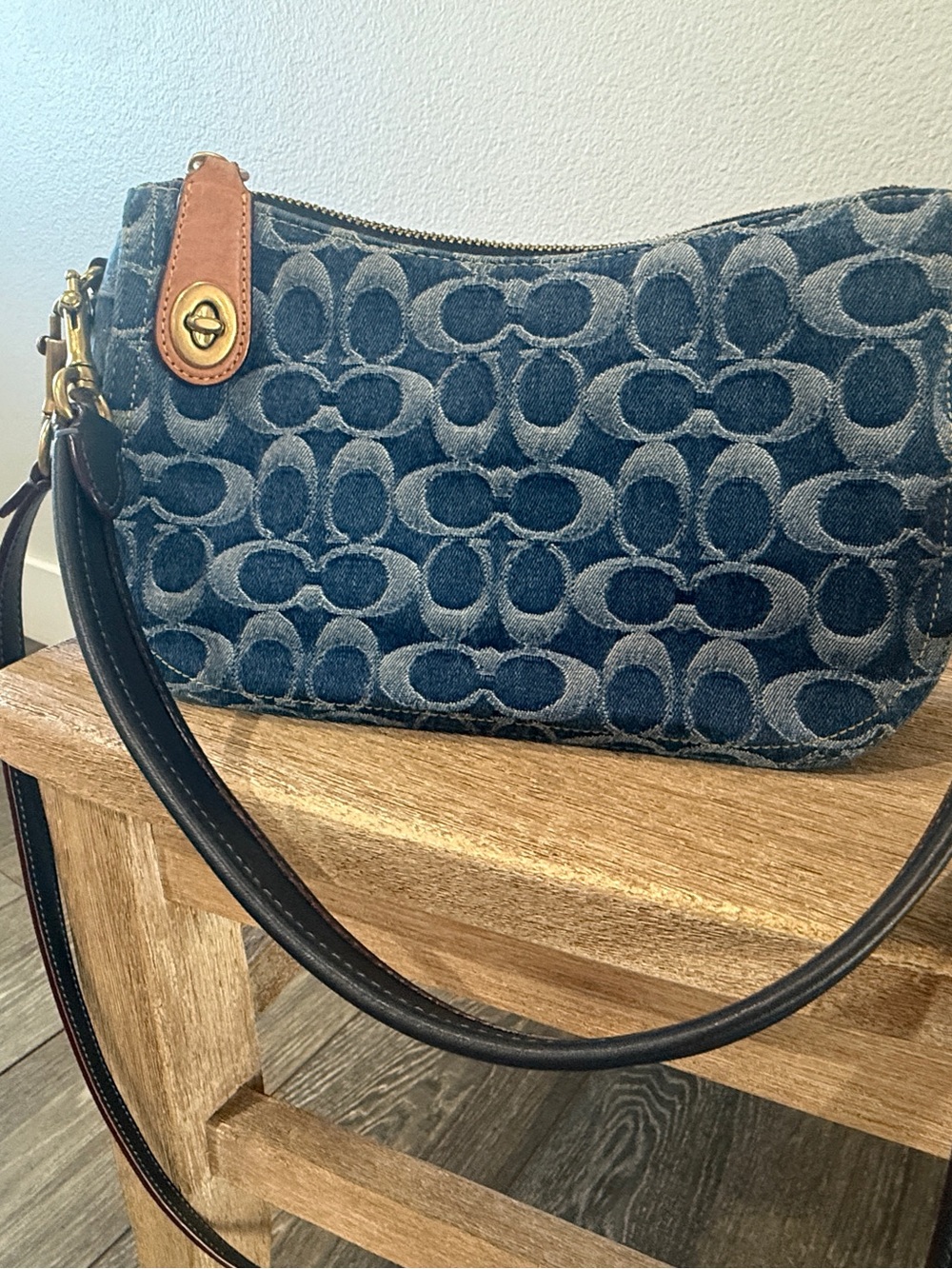 Coach Denim Signature Canvas Crossbody in Blue with Tan Trim